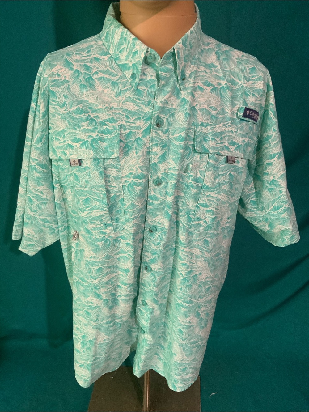 Columbia Short Sleeve Shirt - Teal and White Tropical Print